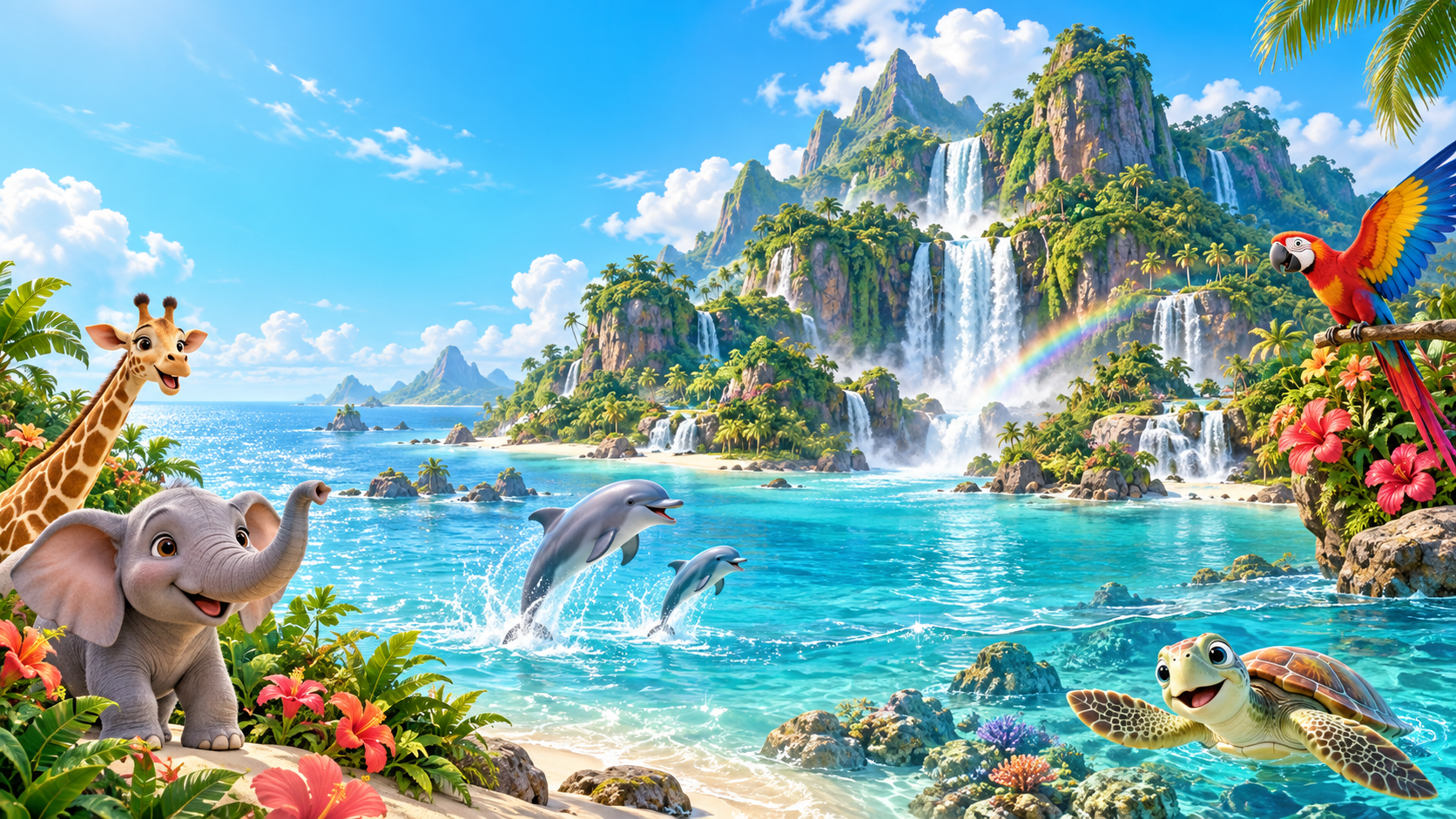 A magical tropical island with sparkling waterfalls, a turquoise lagoon, happy safari animals, dolphins, and a sea turtle beneath a clear blue sky.